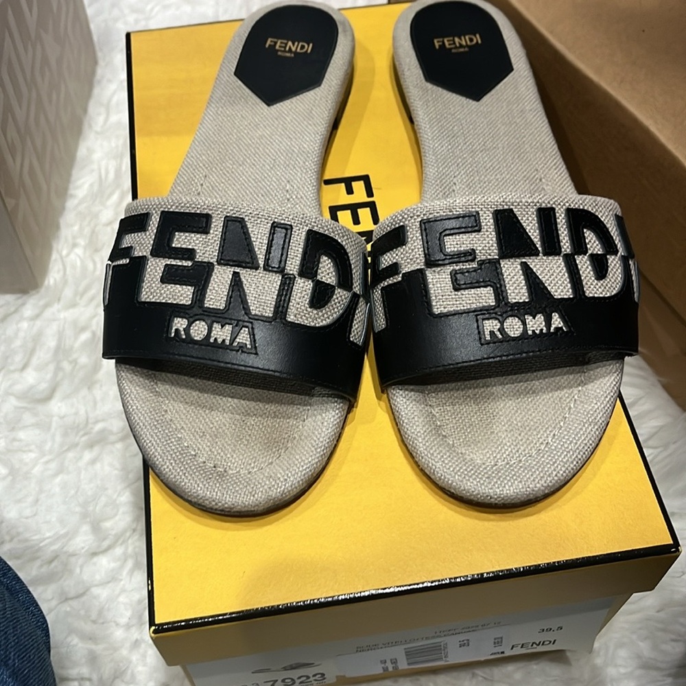 Fendi canvas and black leather slides